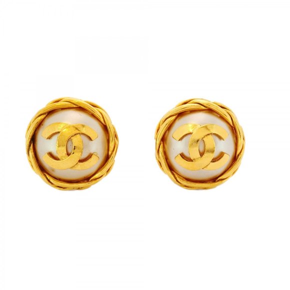 CHANEL Gold Pearl Logo Earrings - Picture 1 of 8